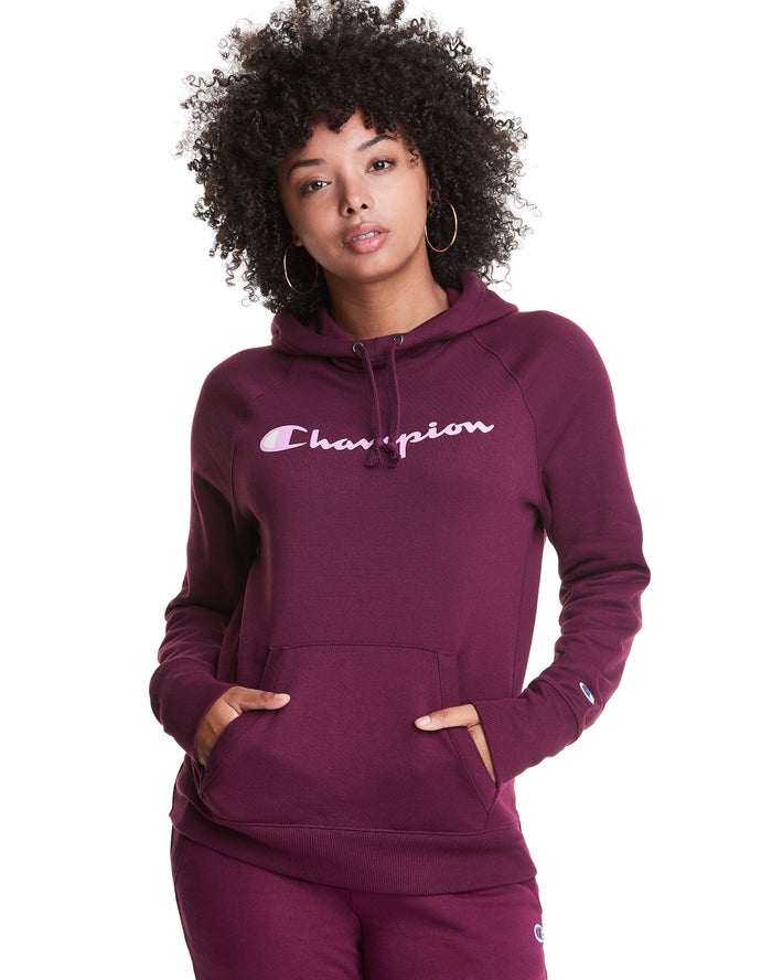 Champion Powerblend Fleece Script Logo Kadın Kapşonlu Sweatshirt Koyu Mor ( UZLAYC387 )